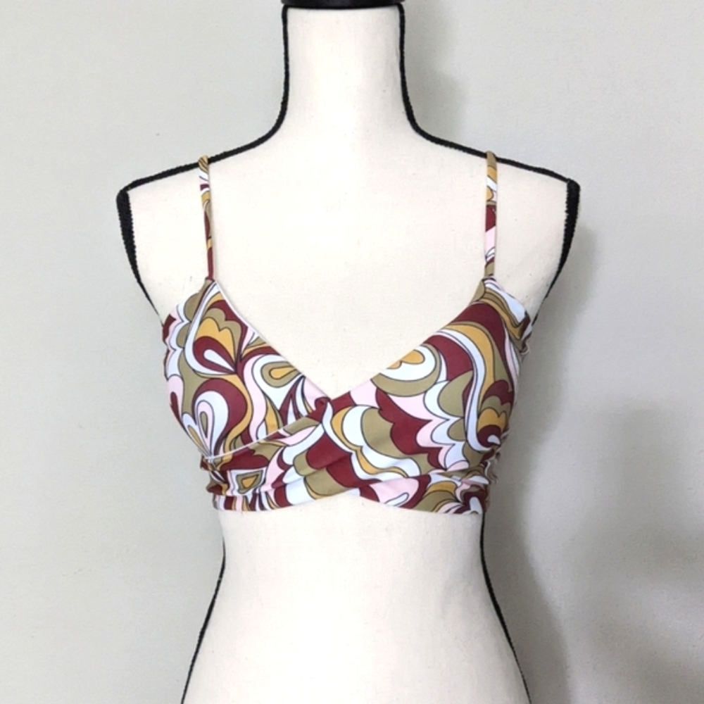 Abstract brown tan white and light pink wrap style bikini top